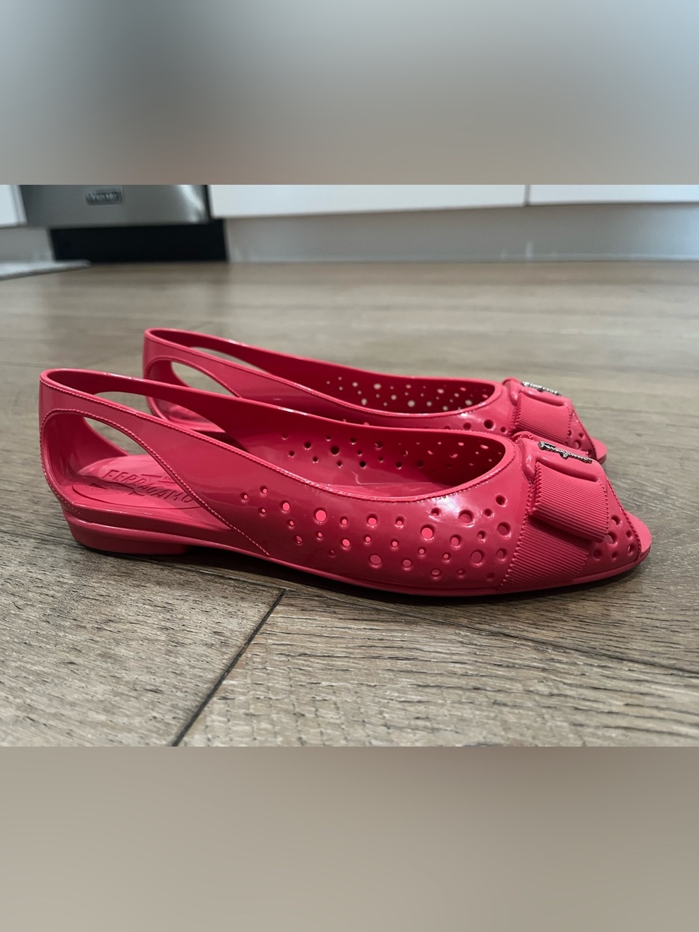 Salvatore Ferragamo Coral Pink Peep-Toe Jelly Flats - Picture 3 of 5